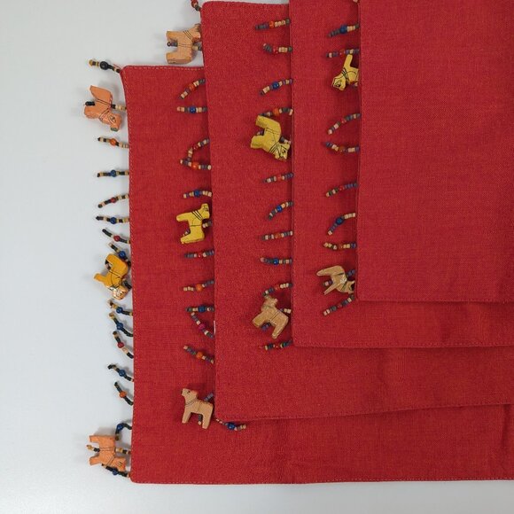 Pier 1 Imports Red Beaded Wood Animal Trimmed Cotton Placemats Set of 4 - Picture 2 of 8